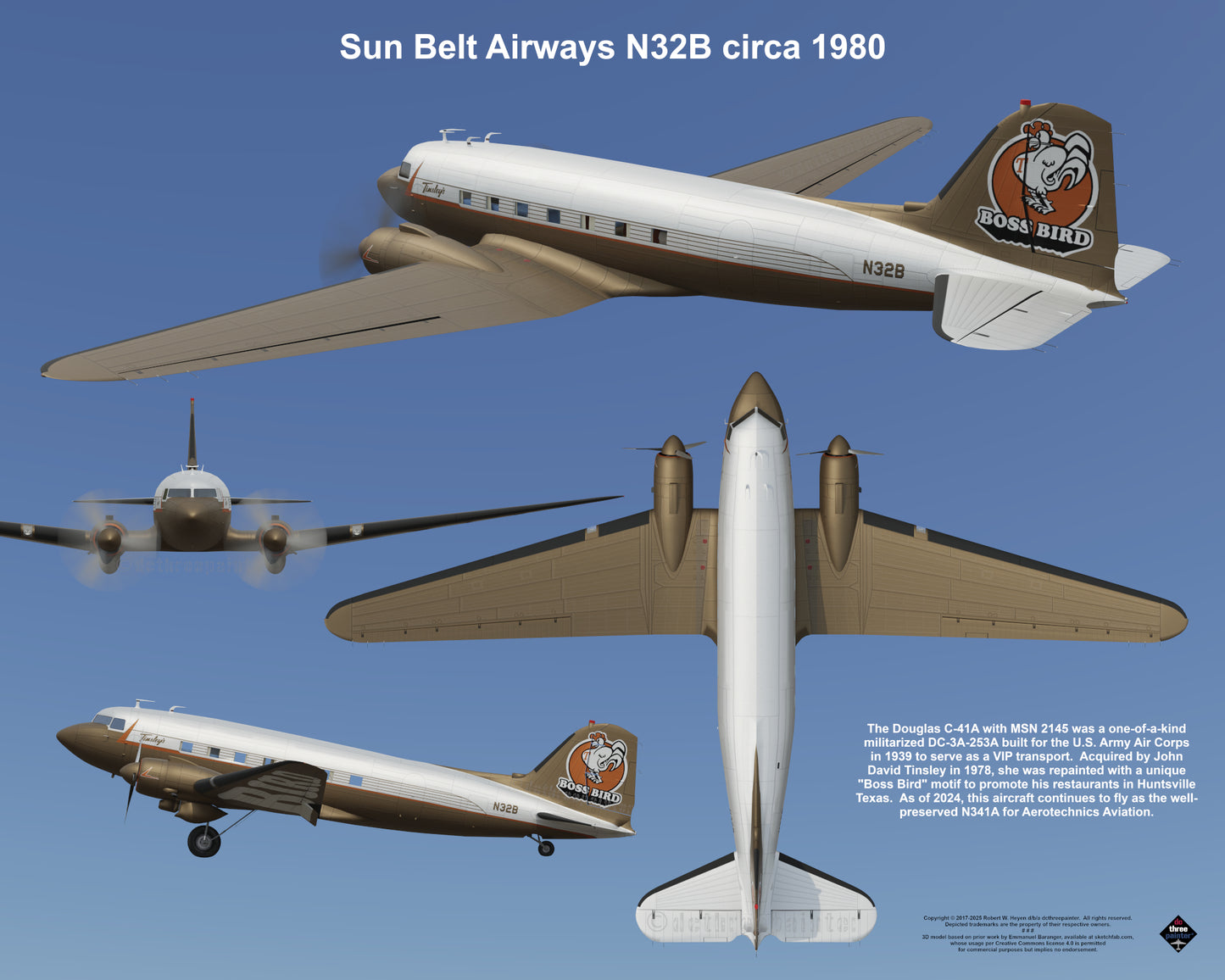Design 2 (20" x 16") Legacy of Liveries for Douglas Aircraft Serial Number 2145 - Set of 10 Prints