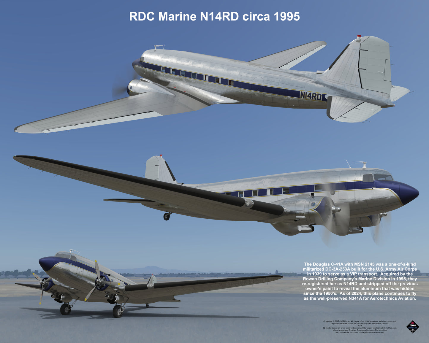 Design 1 (20" x 16") Legacy of Liveries for Douglas Aircraft Serial Number 2145 - Set of 10 Prints