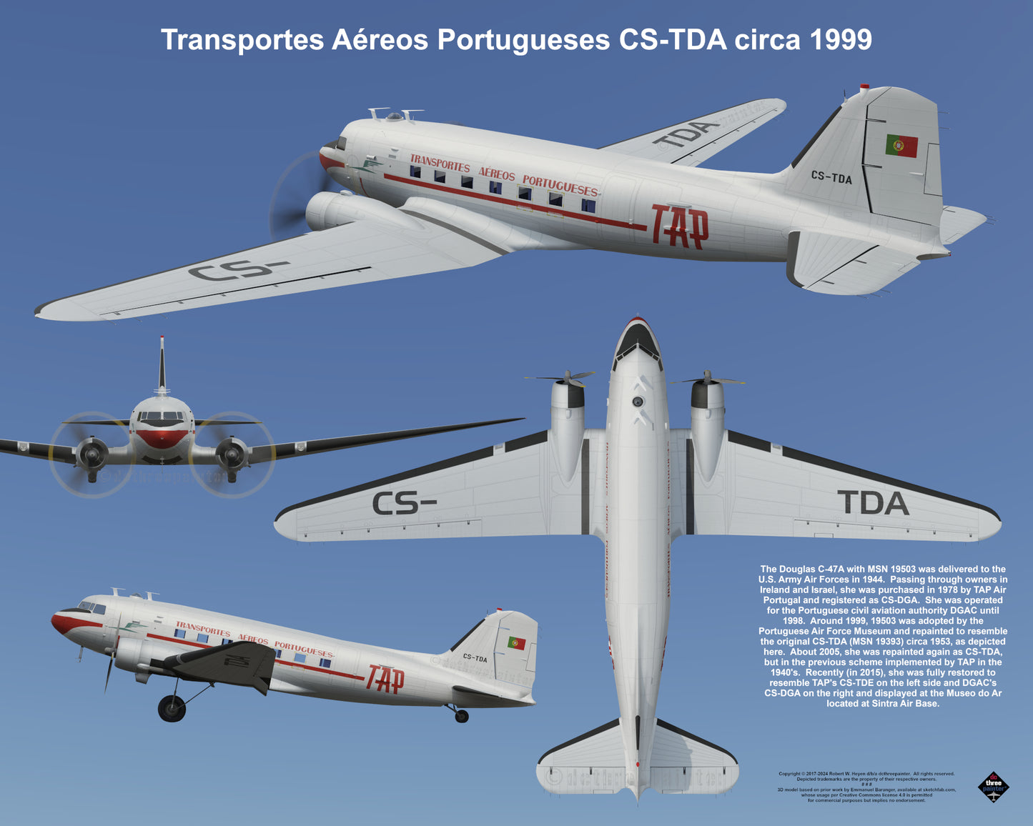 Design 2 (20" x 16") Douglas C-47 19503 Transportes Aéreos Portugueses CS-TDA 1999
