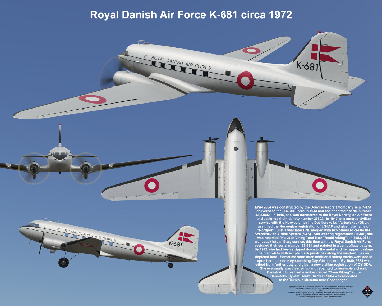 Design 2 (20" x 16") Douglas DC-3 9664 Royal Danish Air Force K-681 1972