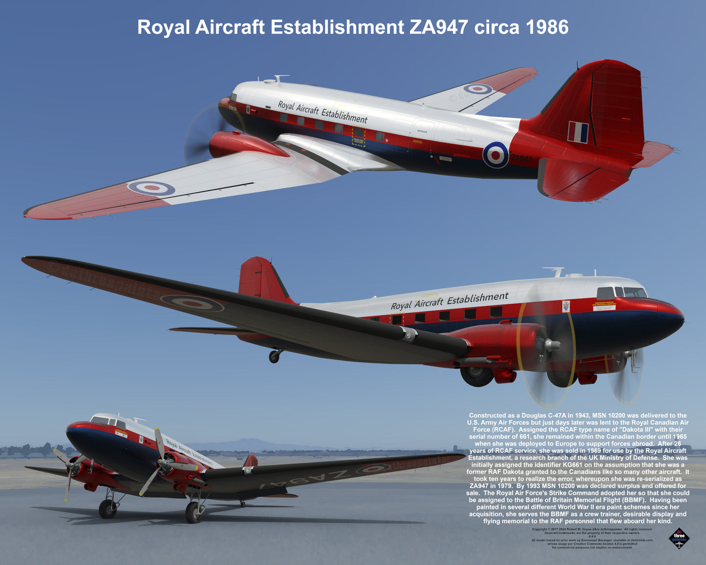 Design 1 (20" x 16") Douglas Dakota 10200 Royal Aircraft Establishment ZA947 1986