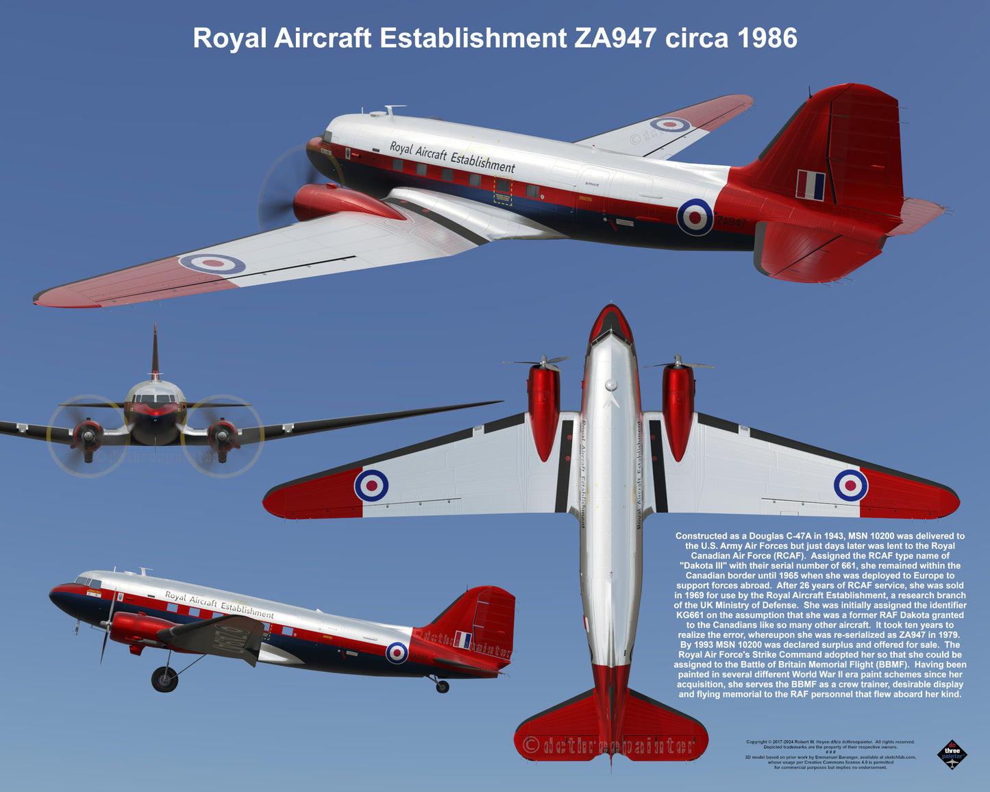 Design 2 (20" x 16") Douglas Dakota 10200 Royal Aircraft Establishment ZA947 1986
