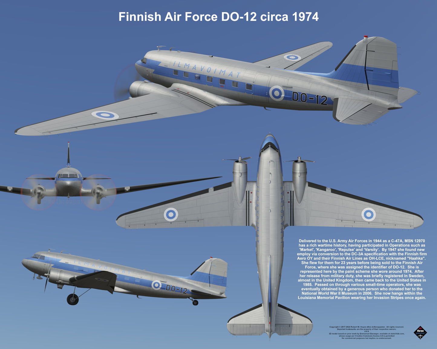 Design 2 (20" x 16") Douglas DC-3 12970 Finnish Air Force DO-12 1974