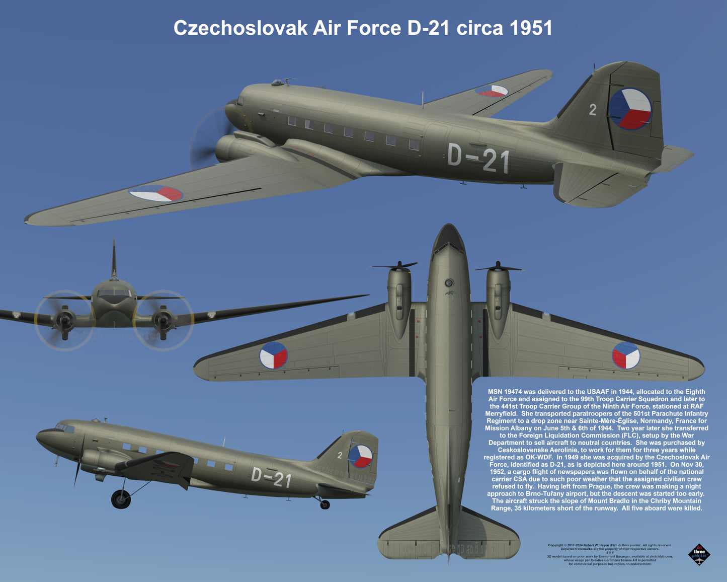 Design 2 (20" x 16") Douglas C-47 19474 Czechoslovak Air Force D-21 1951