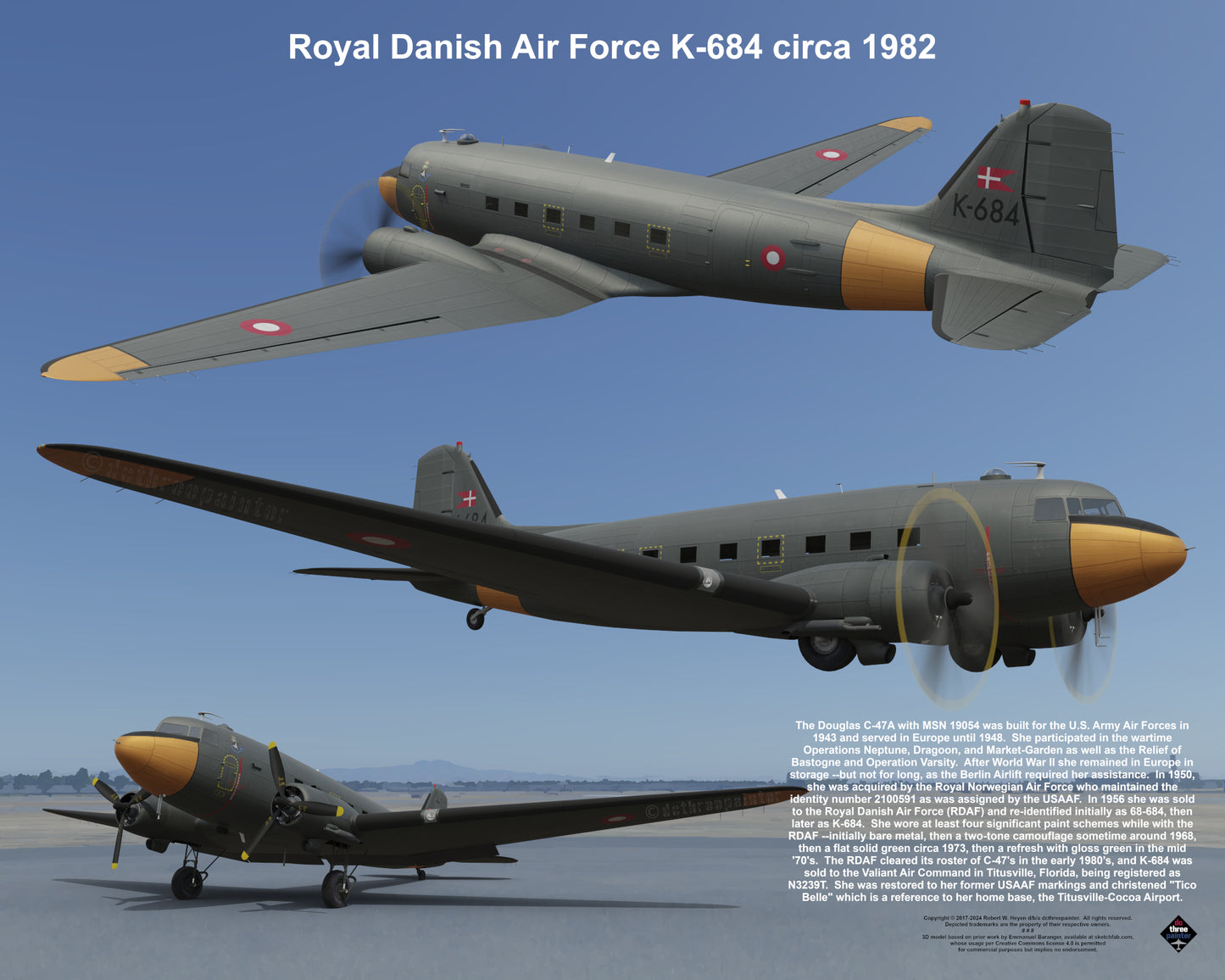 Design 1 (20" x 16") Douglas C-47 19054 Royal Danish Air Force K-684 1982