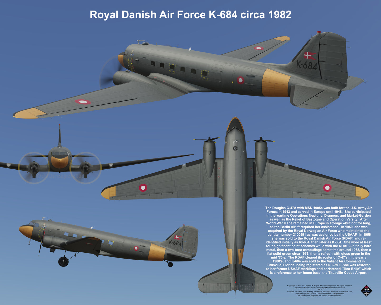 Design 2 (20" x 16") Douglas C-47 19054 Royal Danish Air Force K-684 1982