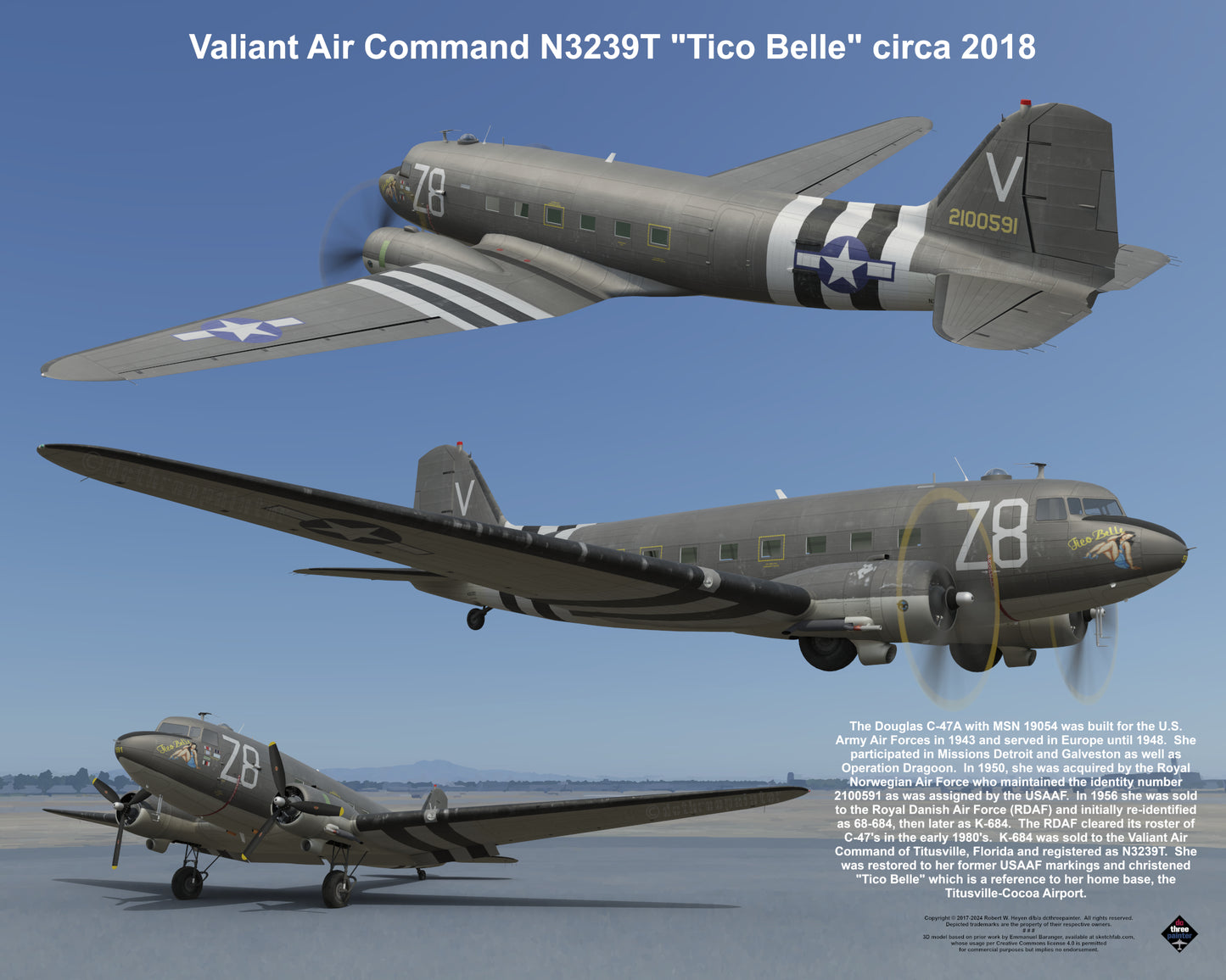 Design 1 (20" x 16") Douglas C-47 19054 Valiant Air Command N3239T "Tico Belle" 2018