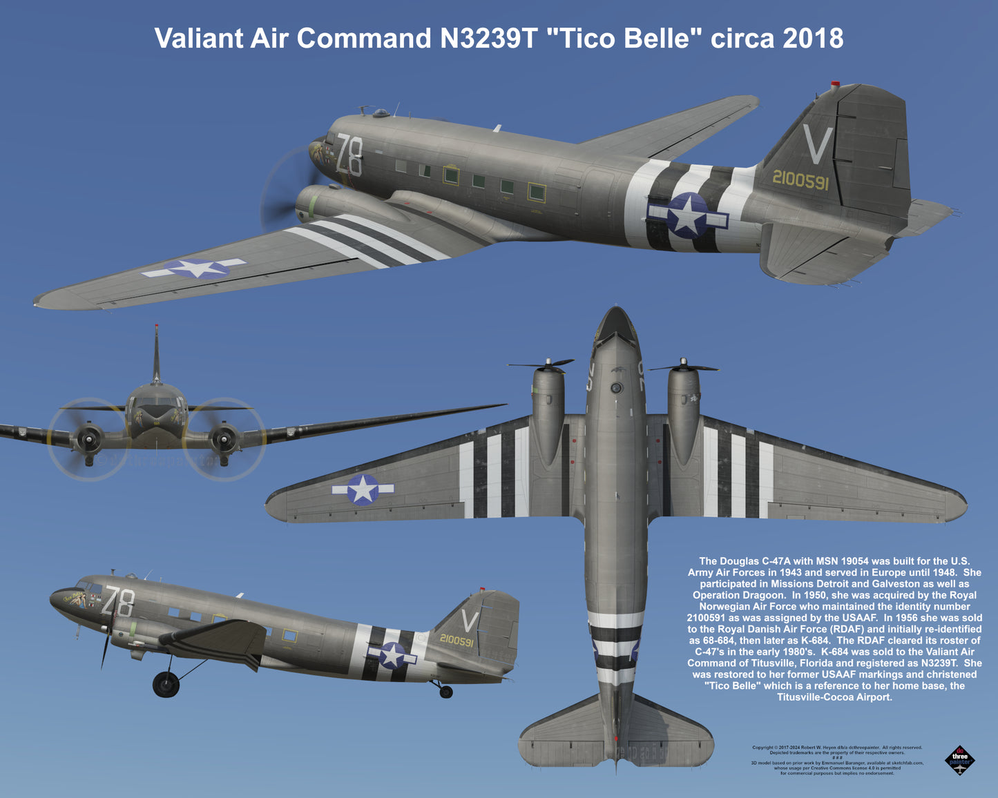 Design 2 (20" x 16") Douglas C-47 19054 Valiant Air Command N3239T "Tico Belle" 2018