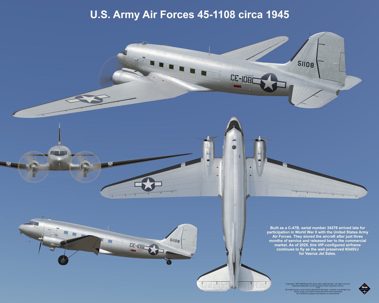 Design 2 (20" x 16") Douglas C-47 34378 U.S. Army Air Forces 45-1108 1945