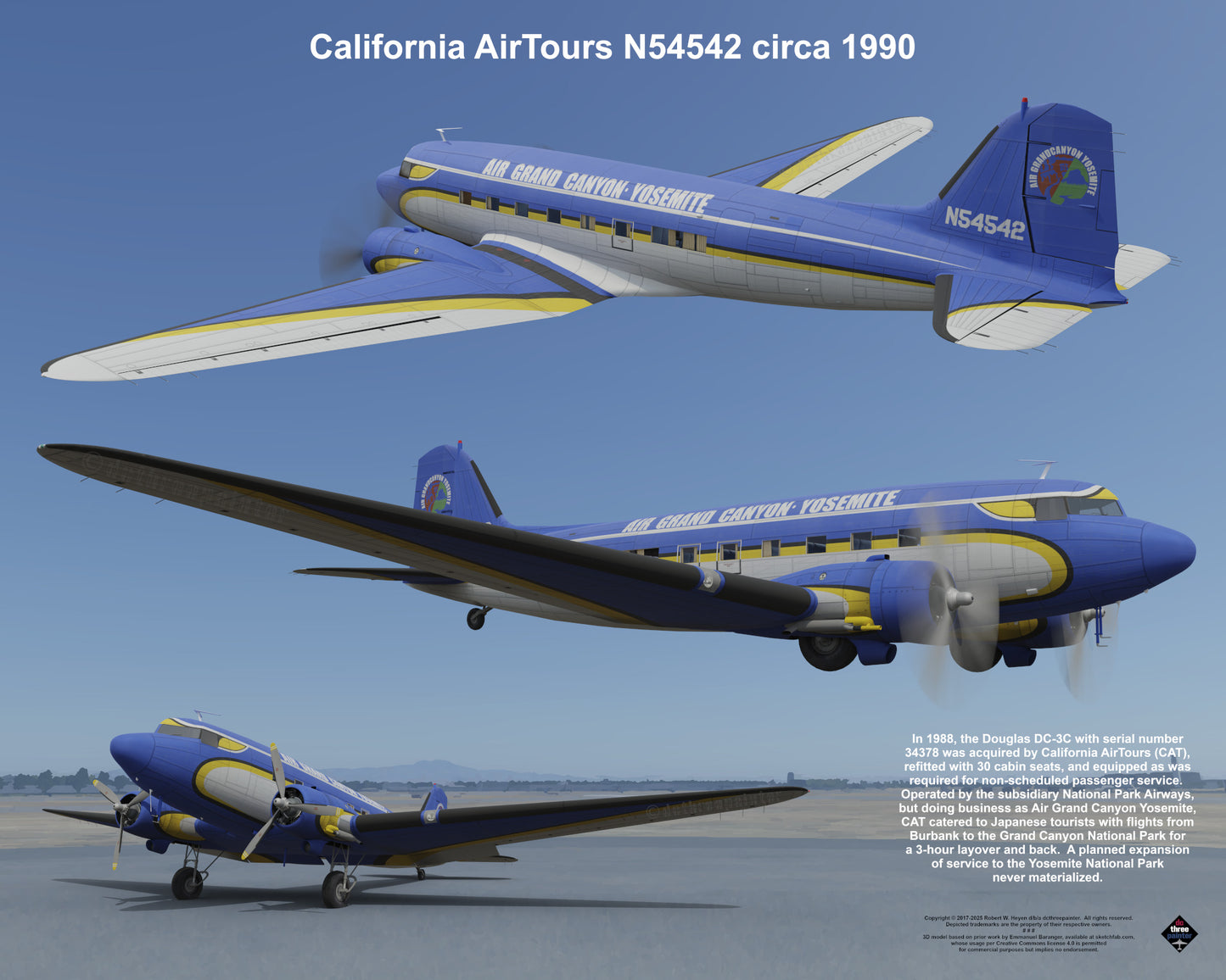 Design 1 (20" x 16") Douglas DC-3 34378 California AirTours N54542 1990