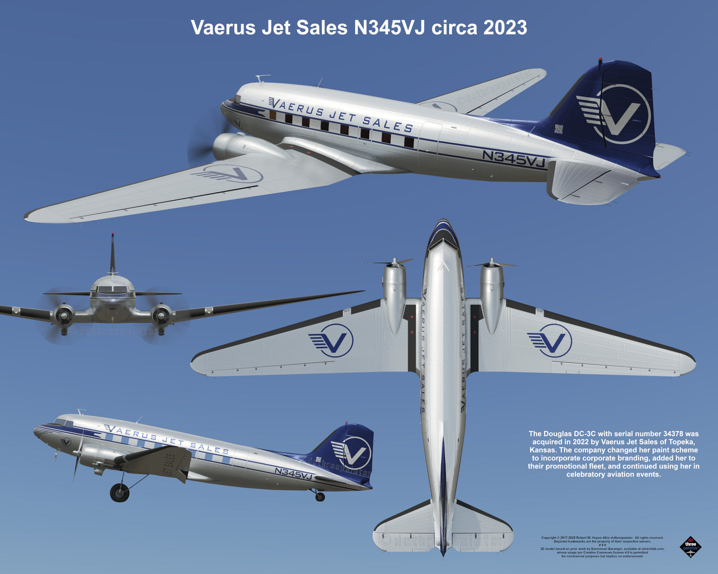 Design 2 (20" x 16") Douglas DC-3 34378 Vaerus Jet Sales N345VJ 2023