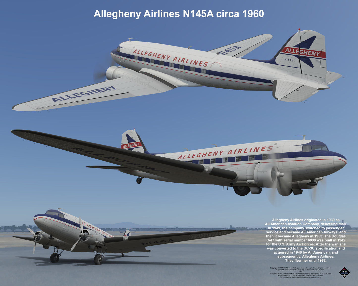 Design 1 (20" x 16") Douglas DC-3 6098 Allegheny Airlines N145A 1960