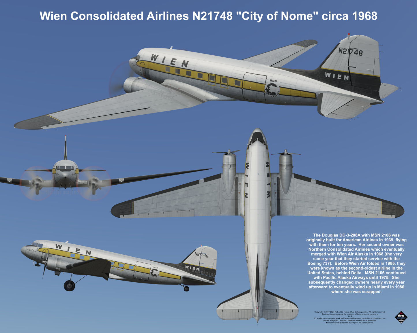 Design 2 (20" x 16") Douglas DC-3 2106 Wien Consolidated Airlines N21748 1968