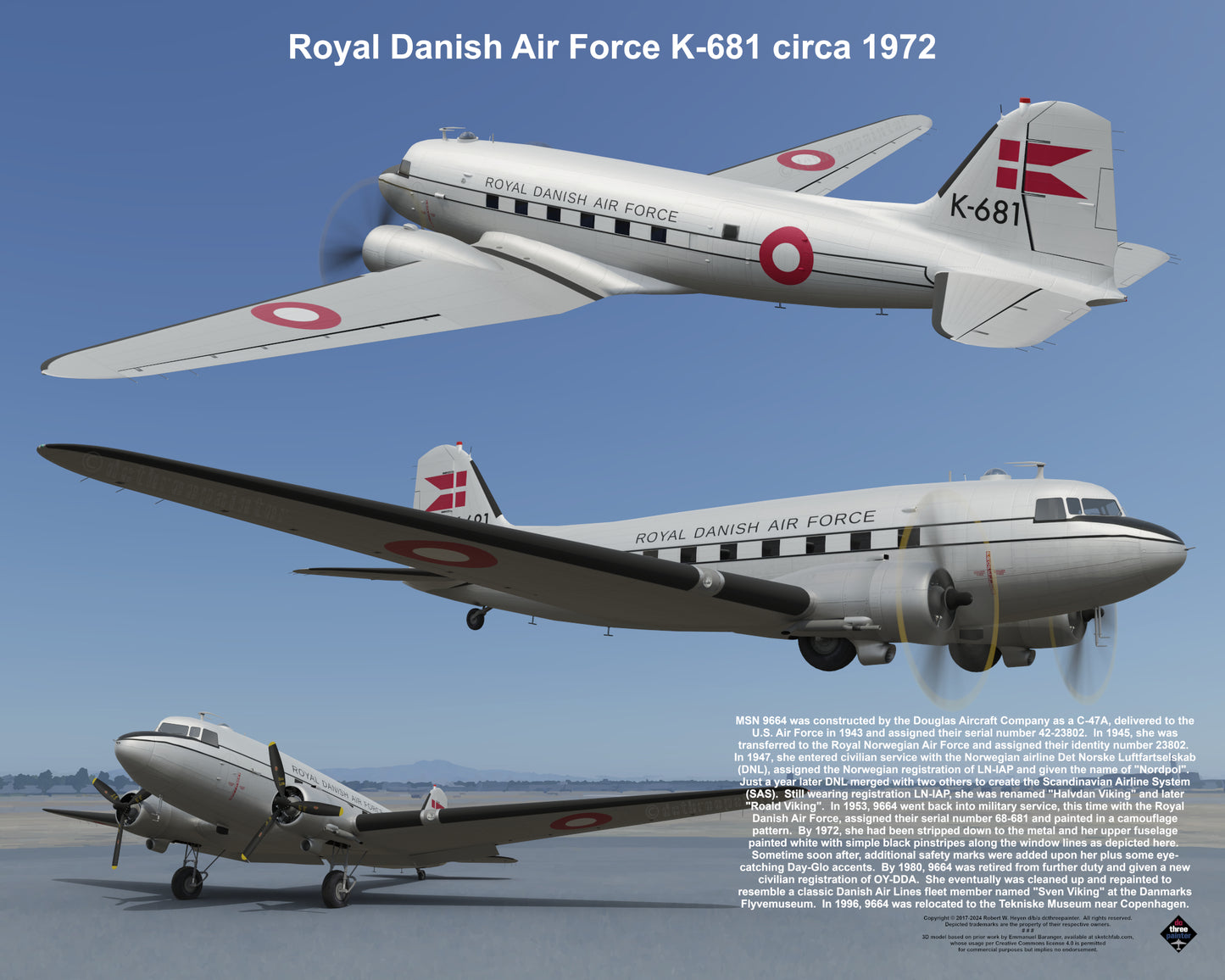 Design 1 (20" x 16") Douglas DC-3 9664 Royal Danish Air Force K-681 1972