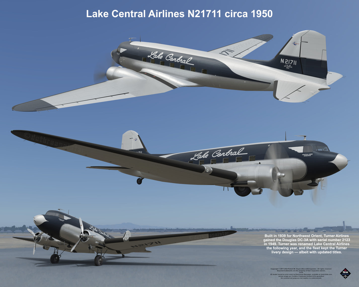 Design 1 (20" x 16") Douglas DC-3 2123 Lake Central Airlines N21711 1950