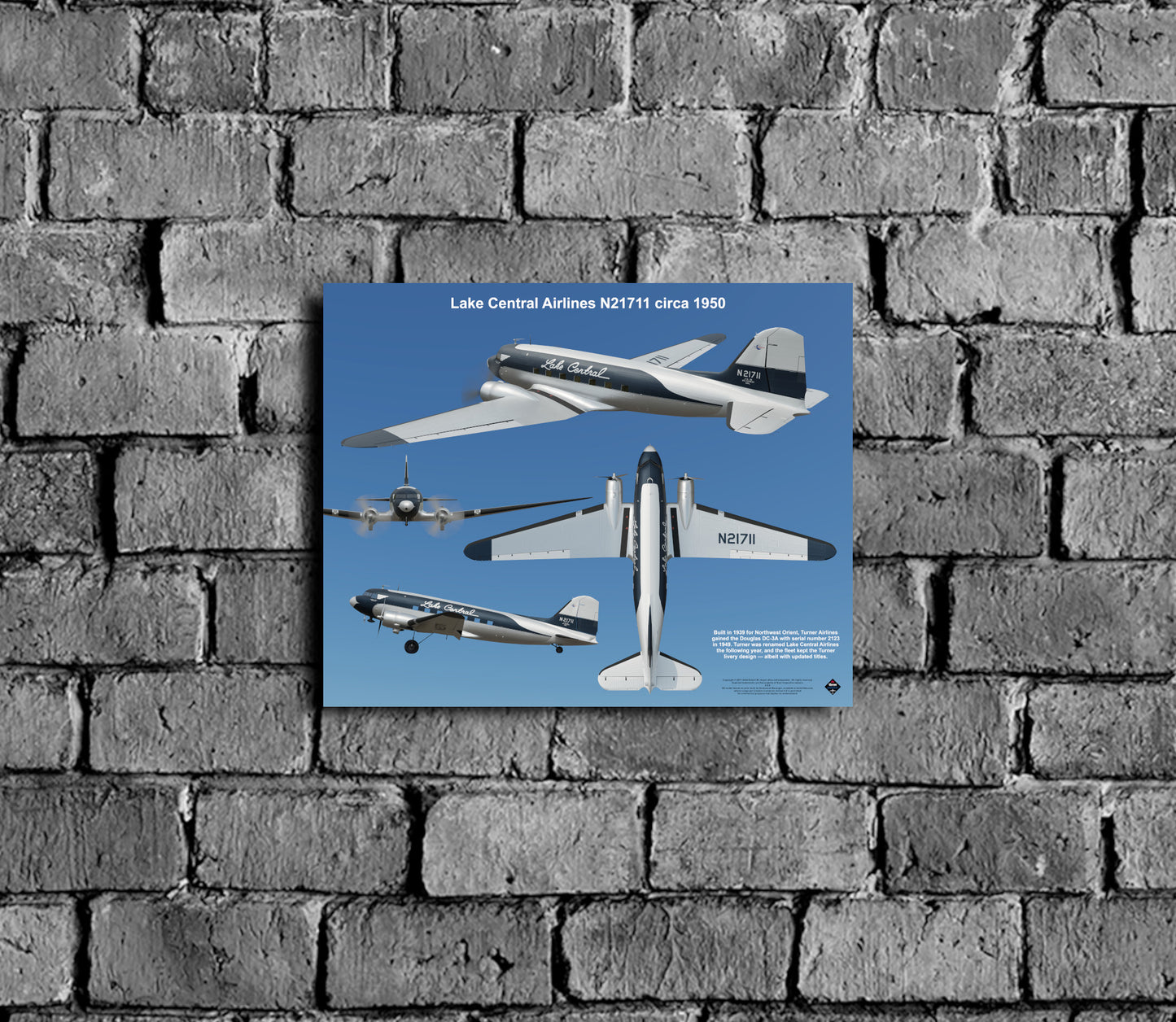 Design 2 (20" x 16") Douglas DC-3 2123 Lake Central Airlines N21711 1950