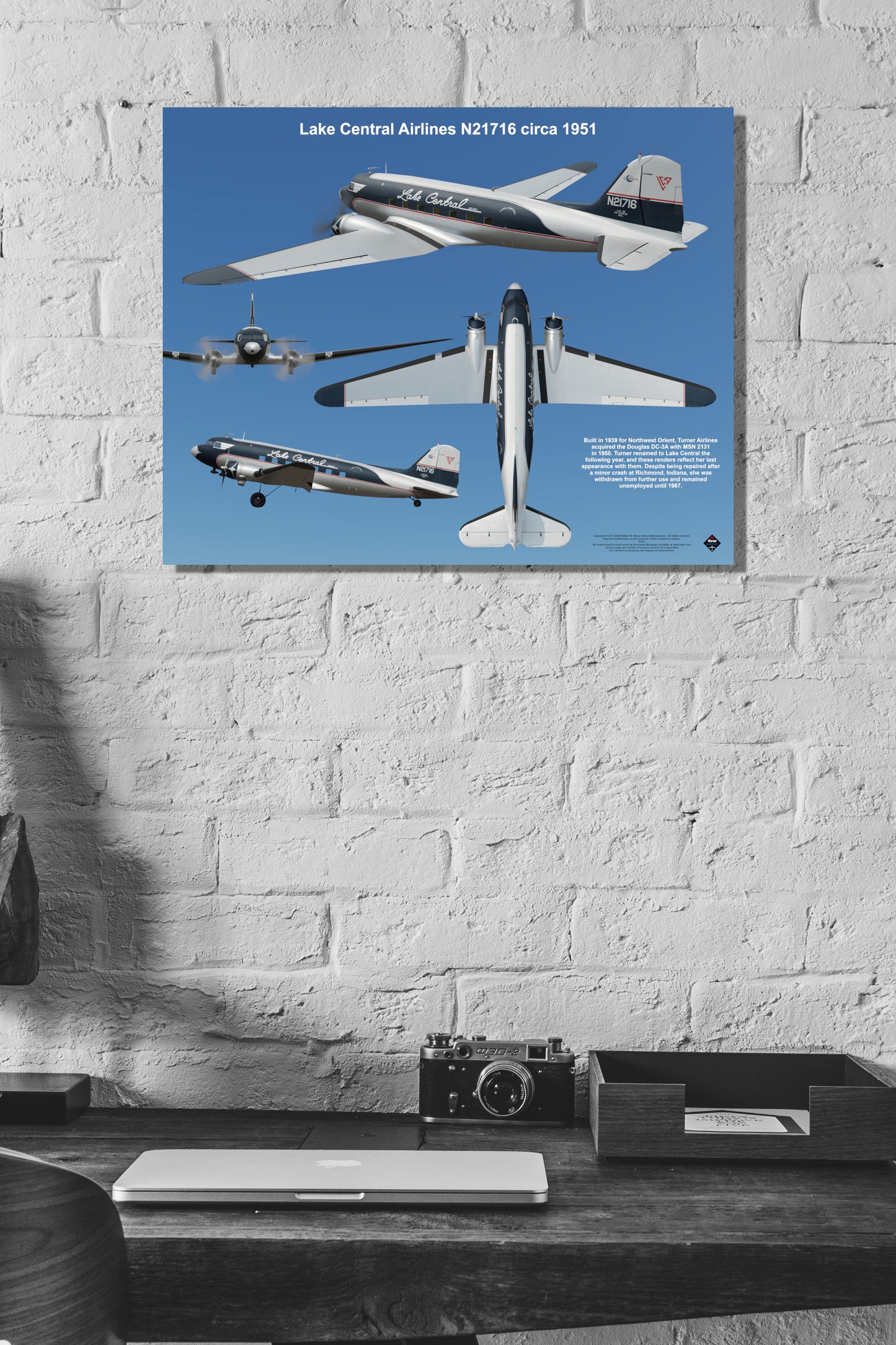 Design 2 (20" x 16") Douglas DC-3 2131 Lake Central Airlines N21716 1951